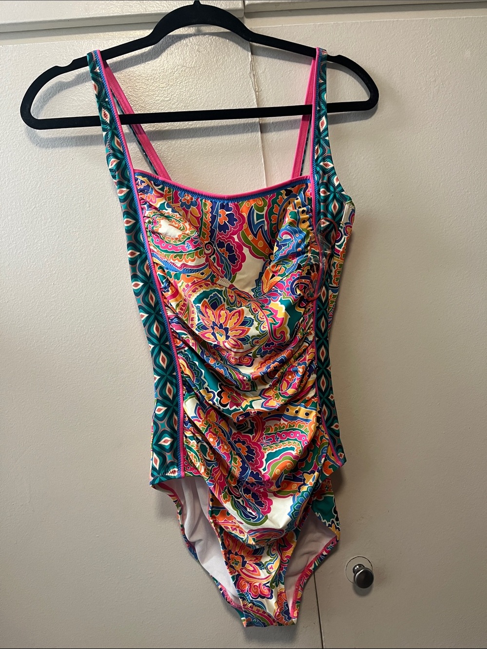 NWT!!! Johnny Was Teal Multicolor Paisley One-Piece Swimsuit with Pink Trim sz M